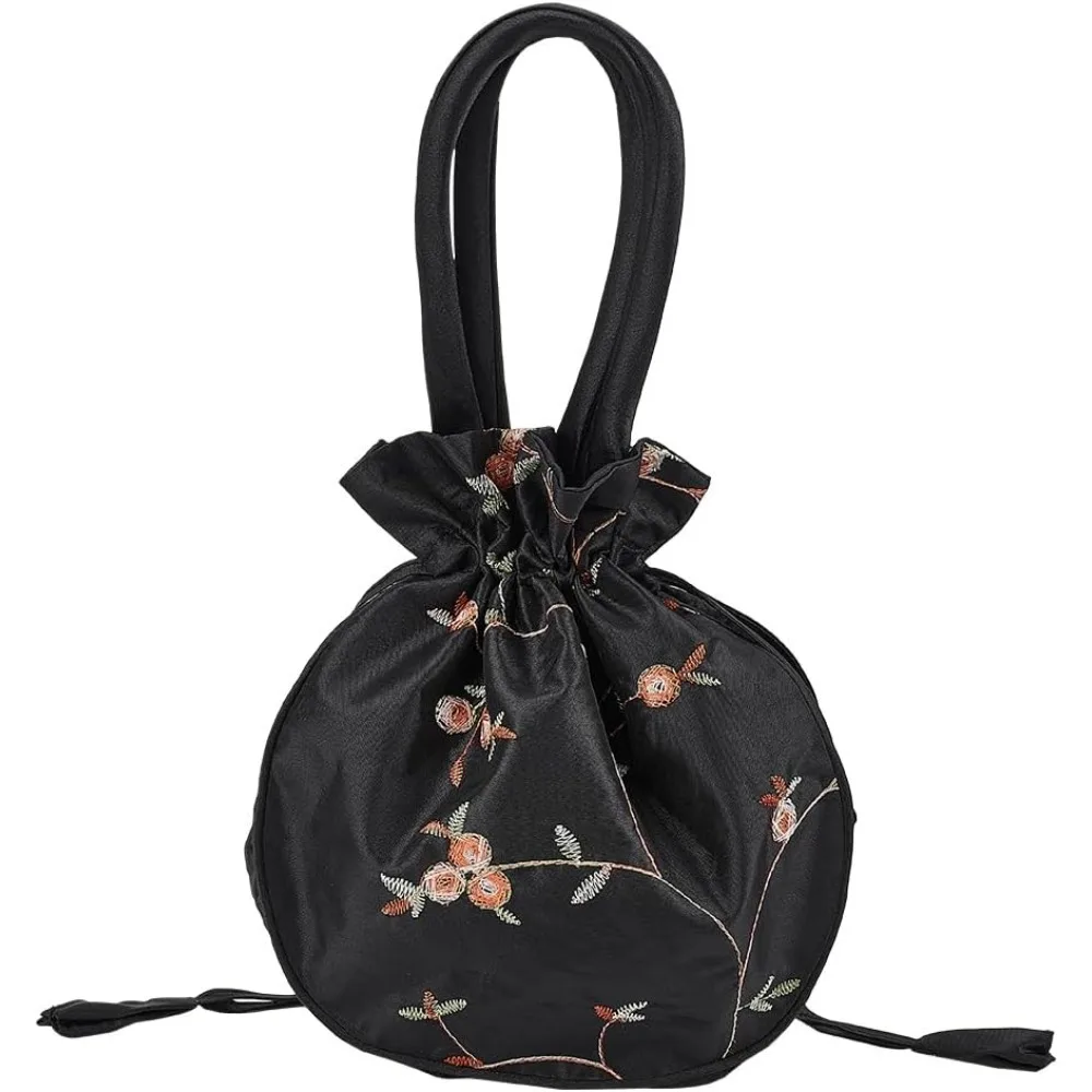 Ethnic Style Flower Handbag Black Embroidered Drawstring Bags Jewellery Gift Bags for Women Makeup Bags Organiser for Cosmetic