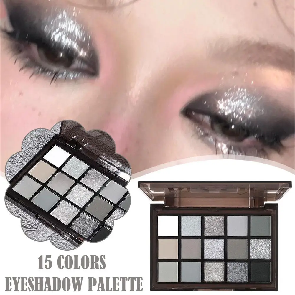 Paleta de Sombras de Ojos Smokey de 15 Colores, Paleta de Sombras de Ojos Punk en Negro Oscuro, Gris y Plateado con Brillo para Maquillaje de Ojos para Fiestas y Escenarios