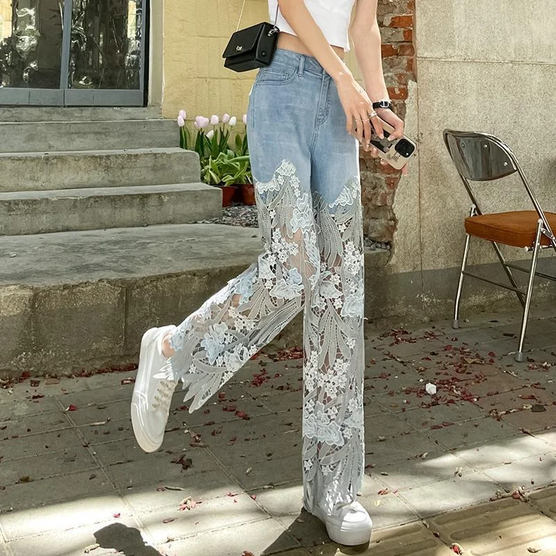 Lace High Waist Shot Women's Jeans with Holes Graphic Torn Ripped Trousers Straight Leg Print Pants Emo Trend 2024 Baggy Pattern