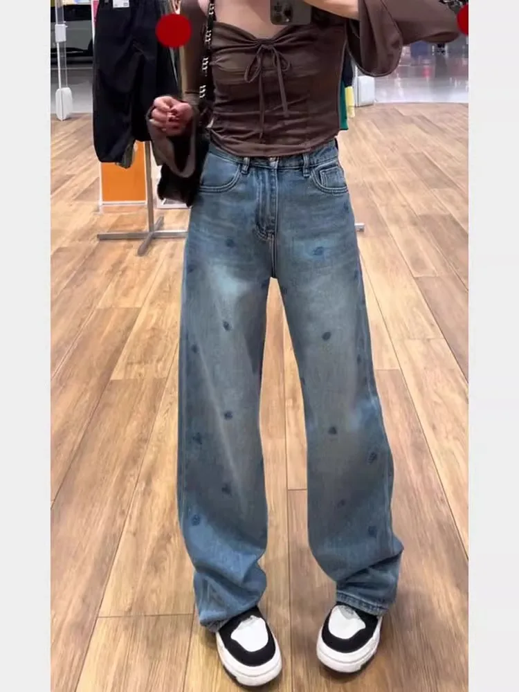 

Women's Embroidered Flared Jeans High Waist Straight Leg Floor-Length Diamond-Encrusted Faion Slimming Spring New Sle