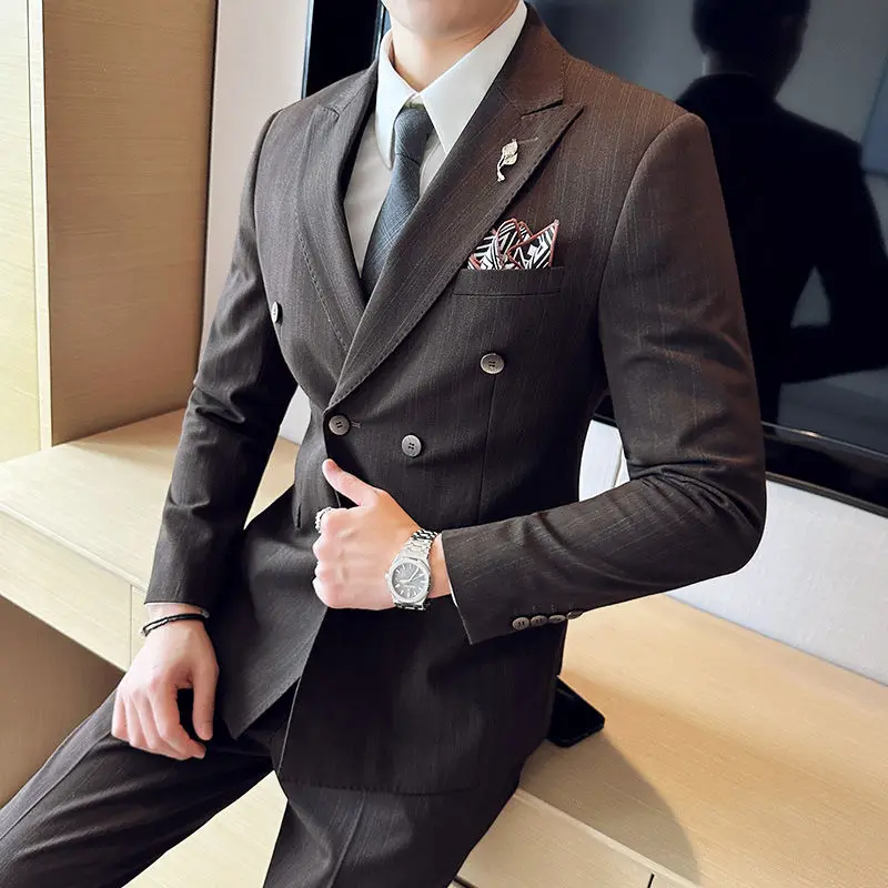 2-A96   Peaked lapel double-breasted striped suit for men groom wedding dress formaness slim casual suit