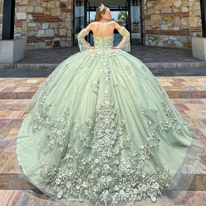 Spring Summer Sage Green Quinceanera Dresses Shinning Sequins Beads Tull Princess vestido de princesas Ball Gown