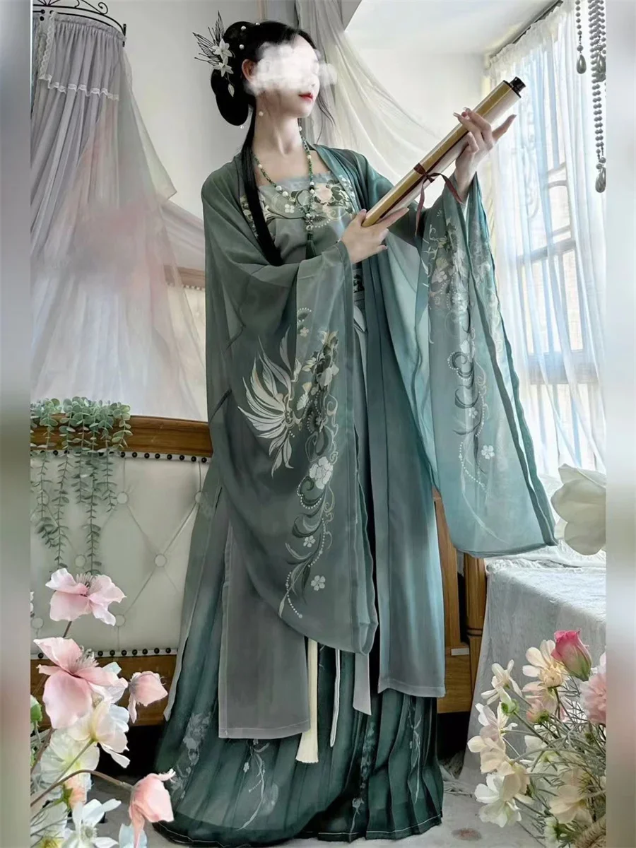 Vestido longo hanfu para mulheres, roupas Han elegantes, trajes estampados com flores, alça e saia, novo estilo chinês verde