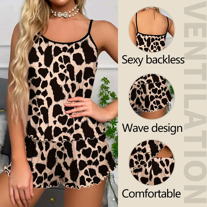 Women\'s Pajamas Set Sleepwear 2 PCS Camisole And Shorts S M L Khaki Ventilate Soft Casual Leopard Print