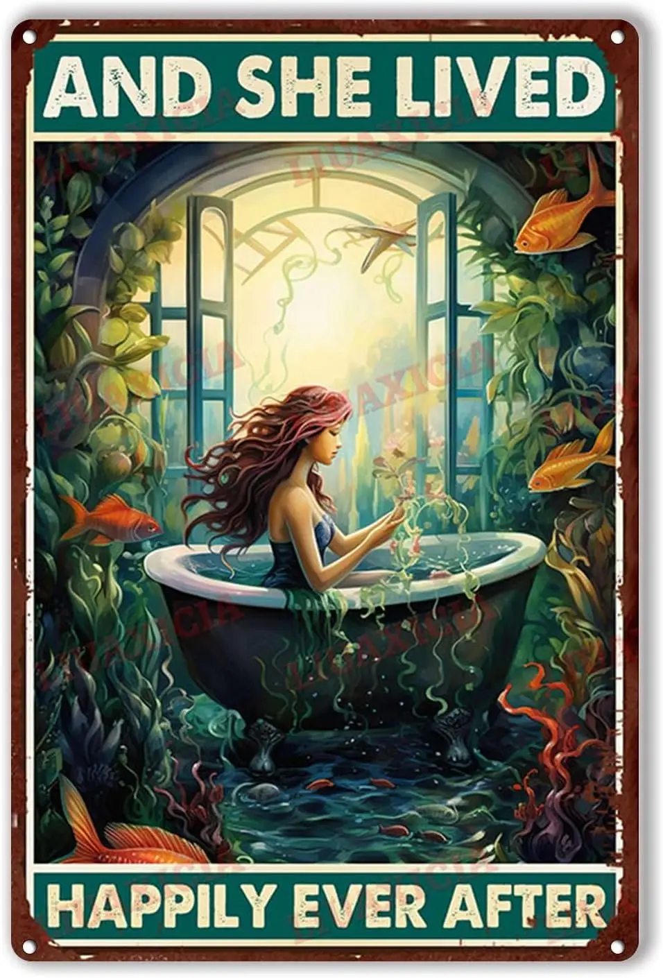 Tin Sign Bar Mermaid And She Lived Happily Ever After for Living Room Bedroom Office Wall Decor Home Decoration