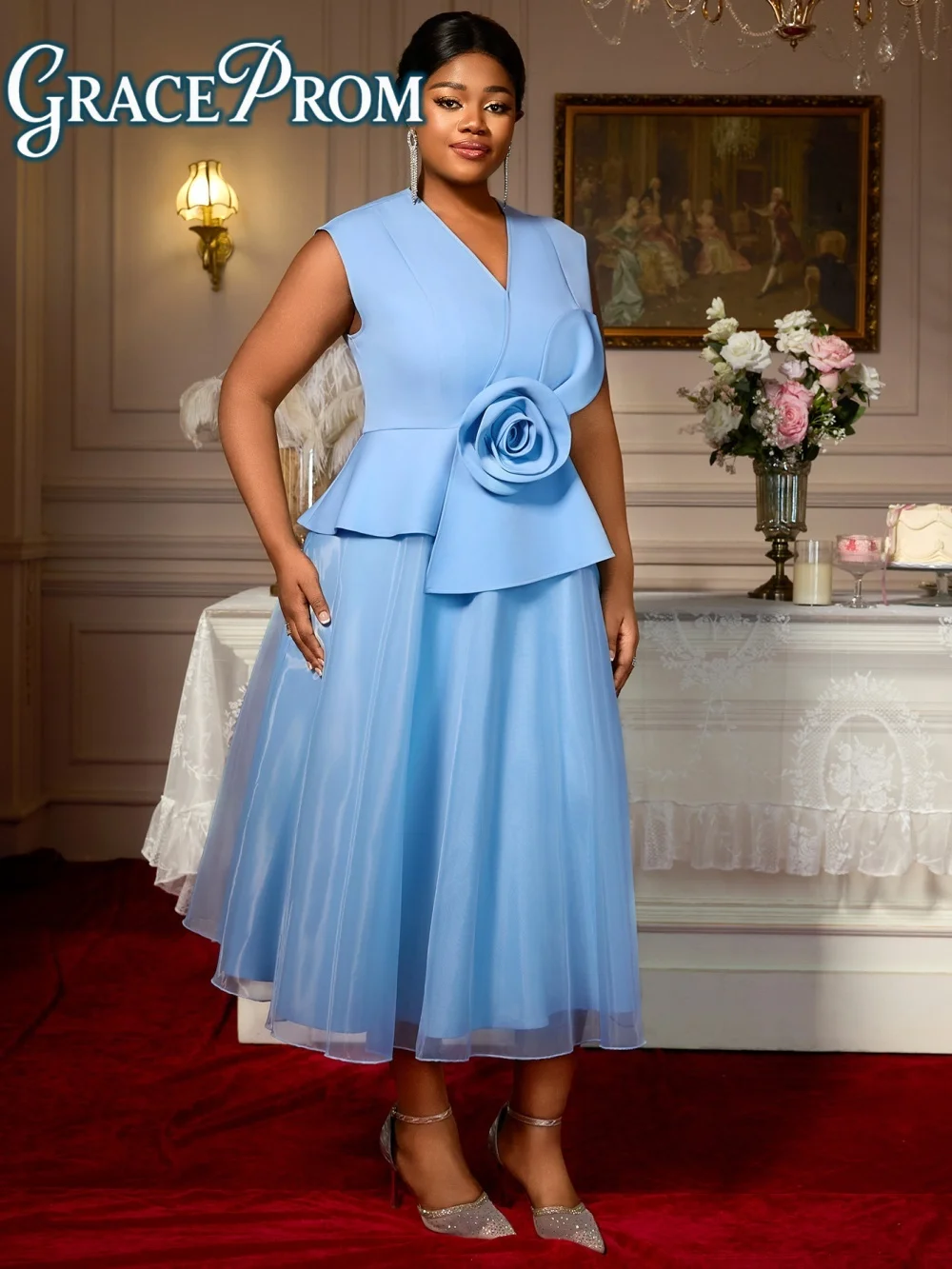 

Popular Sleeveless Womens Blue Dresses Classic A Line Chiffon 3D Flower V Neck Peplum Belly Cover Party Curve Female Fashion