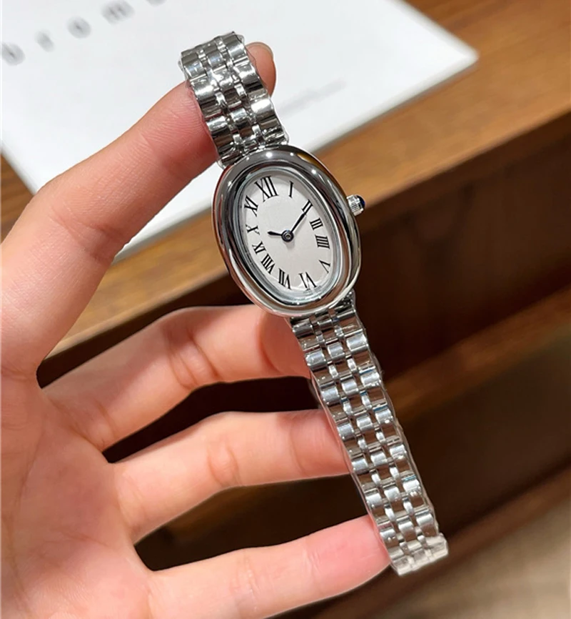 أزياء العلامة التجارية ساعات المعصم امرأة فتاة البيضاوي نمط الكوارتز الصلب المعادن الفرقة الفاخرة على مدار الساعة CA190