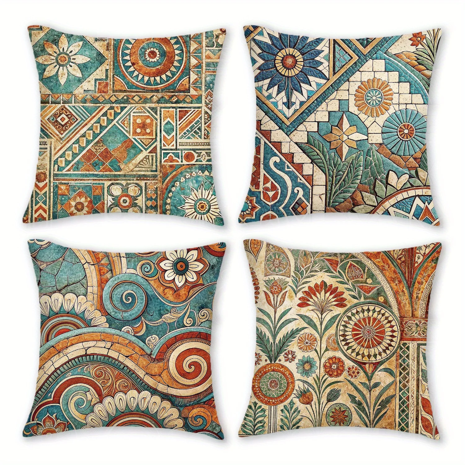 [JIT]4pcs, Short Plush Ethnic Style Geometric Pattern Throw Pillow Covers, 18in*18in, Boho Vintage Rust Turquoise Tones Home Dec