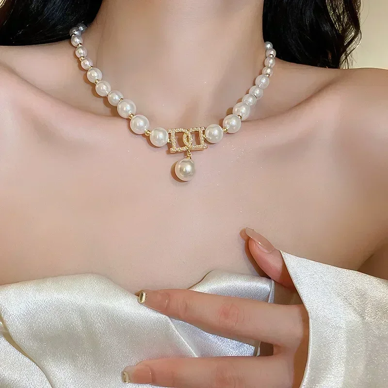 Women Elegant Pearl Clavicle Chain Collares Ladies Short Pendant Necklaces Earrings set Jewelry sets