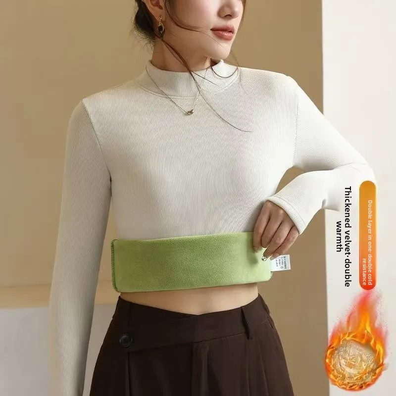 خريف شتاء جديد شبه عالية الياقة مع قاعدة مخملية سميكة قميص للنساء الخريف الدافئة طويلة الأكمام تي شيرت مع رداء علوي غير رسمي