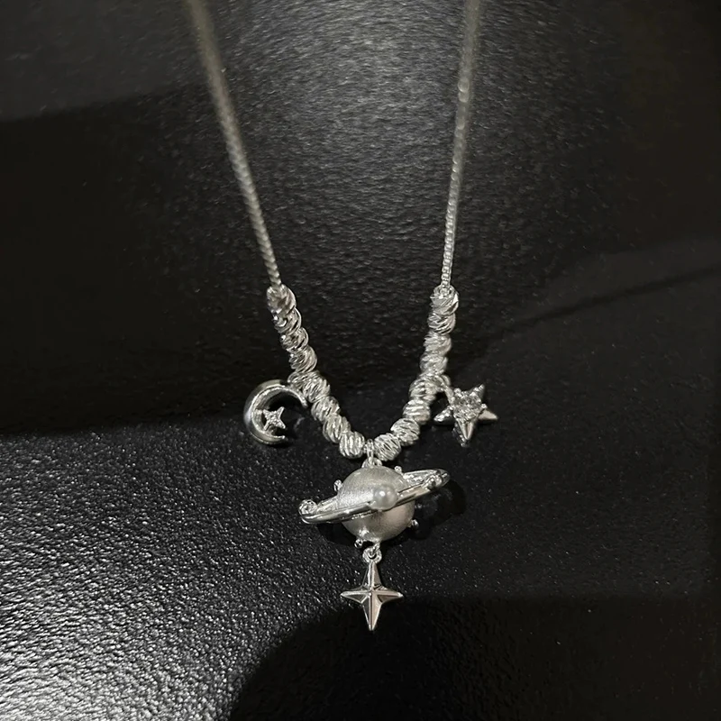 Cool Brushed Zircon Star Chart Necklace Fashion Galaxy Star Moon Planet Saturn Tassel Necklaces For Female KOFSAC