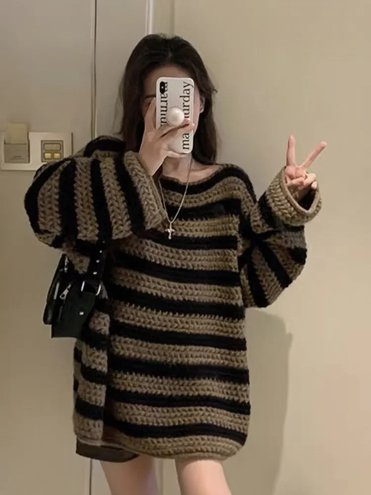 Striped Pullovers Women Loose O-neck Pullover Long Sleeve Knitted Sweaters Vintage Temperament Design Cozy Casual Fashion New