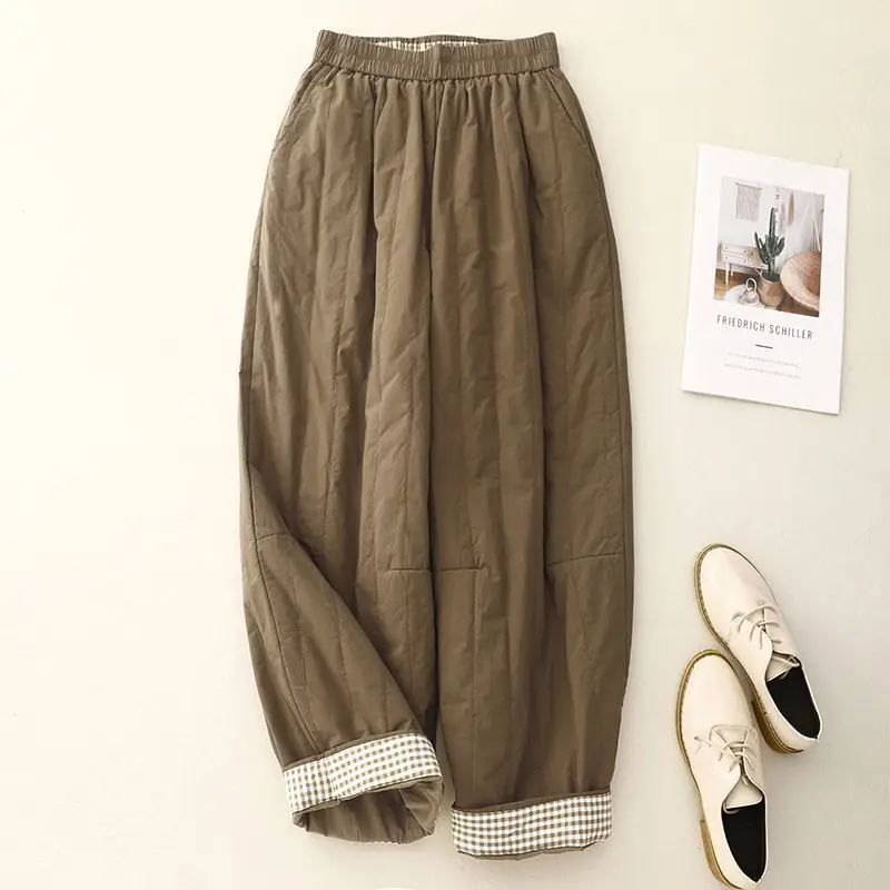 

2025 new Japanese splicing plaid padded thickened cotton pants women wear small casual warm wide-leg pants