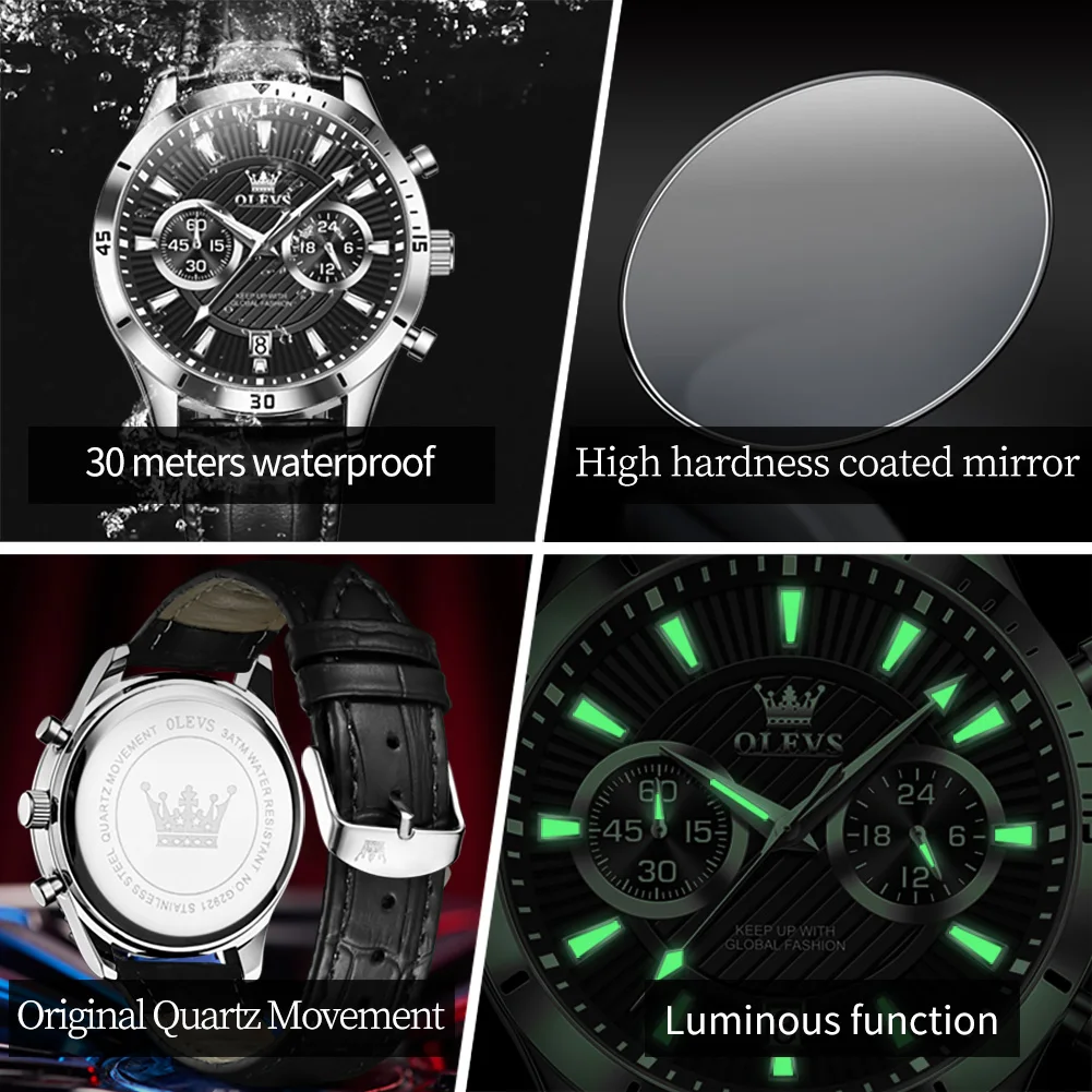 Olevs Merk Heren Horloges Trend Chronograaf Quartz Horloge Lederen Band Kalender Waterdichte Lichtgevende Horloge Voor Mannelijke Originele