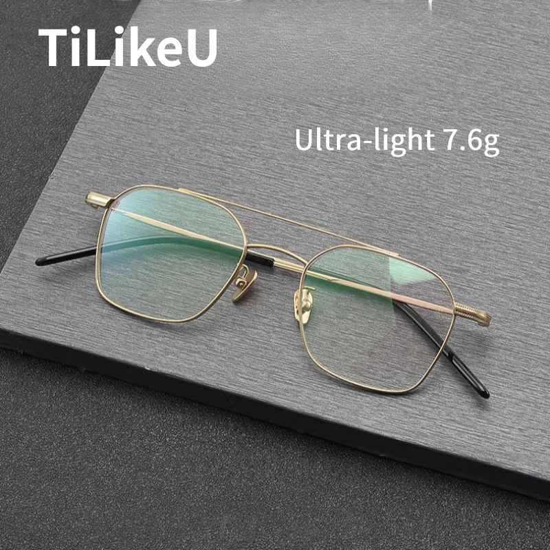 7.6g Ultra Light Pure Titanium Pilot Double Beam Eyeglass Frame Brand Designer Men Retro Large Face Myopia Optical Glasses Women