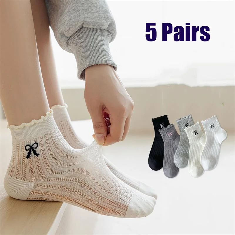 5 Pairs Women Summer Thin Mesh Mid Calf Socks, Ballet Style Ruffle Lace Bow Frilly Edge Breathable Solid Casual Female Socks