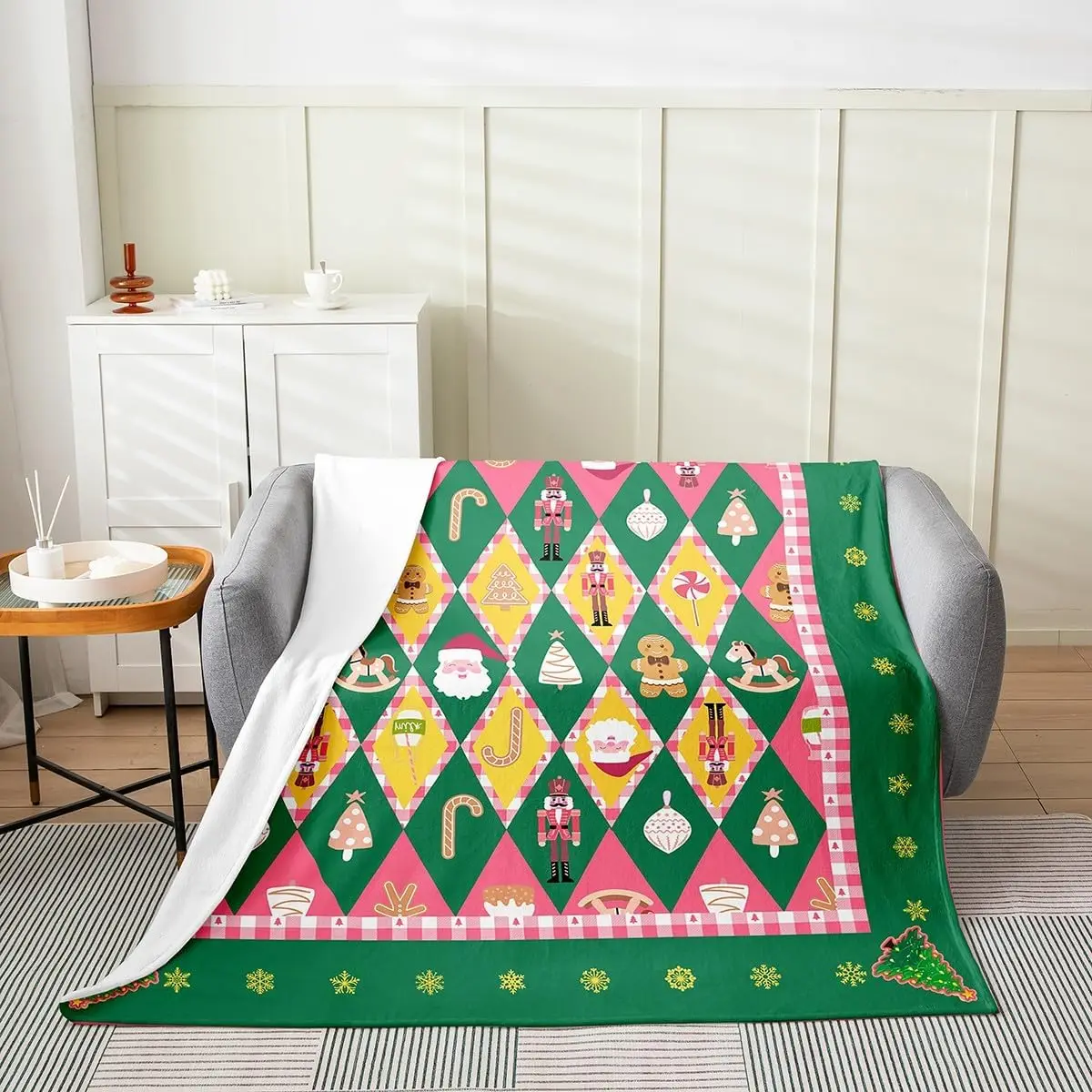 Christmas Nutcracker Fleece Throw Blanket Gingerbread Man Santa Claus Flannel Blanket Plush Fuzzy Xmas Tree Green for Bed Couch