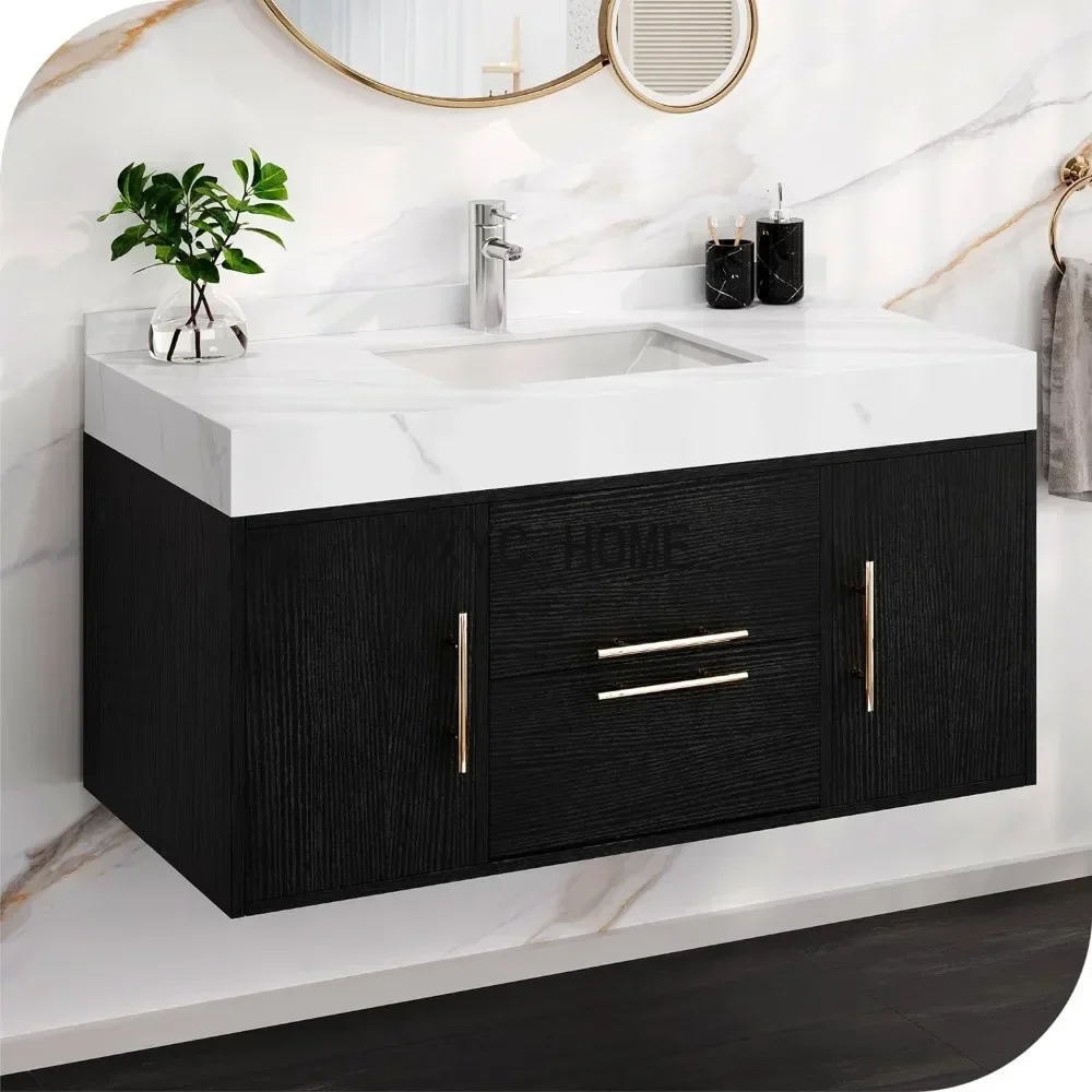 40 Inch Black Floating Bathroom Vanity, Wall Mounted Bathroom Vanity Bathroom Cabinet with 2 Drawers & 2 Storage Cabinets