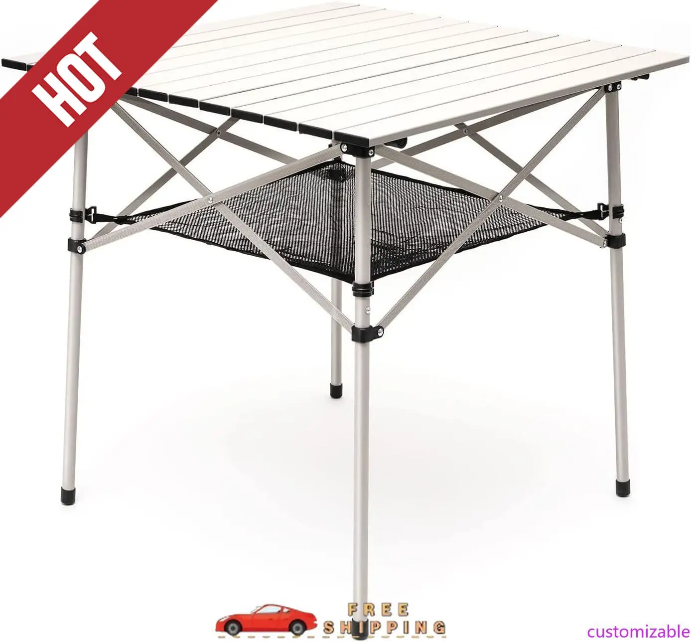 Customizable Outdoor Folding Table | Lightweight Compact Aluminum Camping Table, Roll Up Top 4 People Portable Camp Square Table