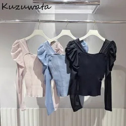 Kuzuwata Sweet U Neck Puff Sleeve Patchwork Jumper Backless Voile Elegant Slim Fit Pullovers Japan 2024 New Knit Moda Sweaters