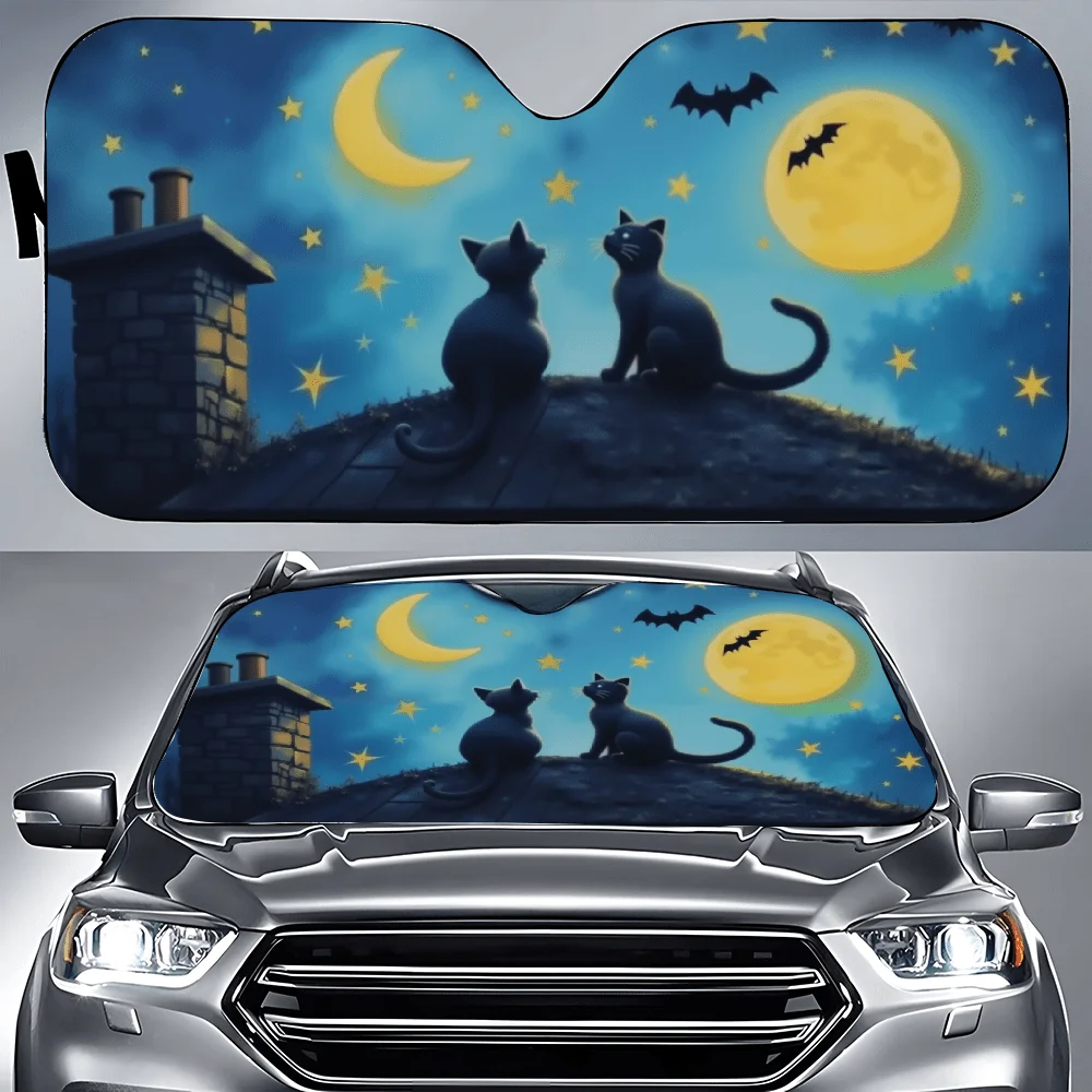 Couple Of Black Cats Sitting On Top Of A Roof Car Auto Sunshades Car Sunshade, Front Window Sun Cover For Car, Auto Sunshade For