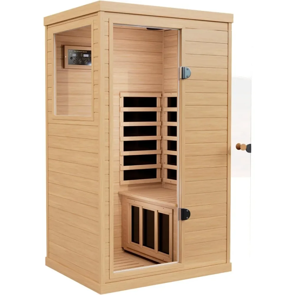 Sauna 1 Person Far Infrared Sauna for Home, Low EMF Heaters, 2 Bluetooth Speakers, 1 LED Reading Lamp Wood Sauna Room Left Door