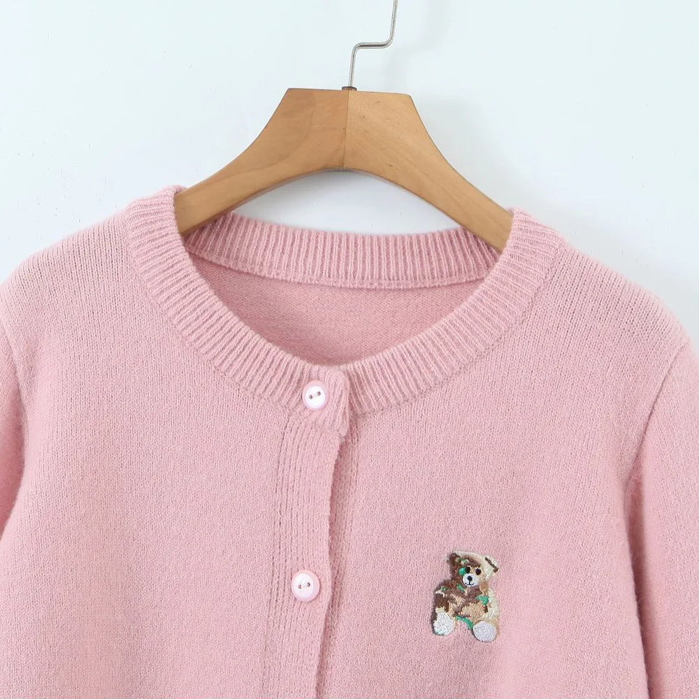 2023 Autumn Good Quality Womens Plus Size Cardigan Sweaters Casual Clothing Curve Bear Outing Solid Color Embroidered Knit Coat