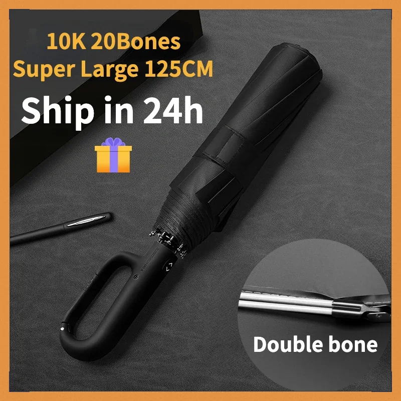 Windproof Strong 125CM Reinforced Automatic Folding Umbrella for Men, Large Buckle Handle, Double Bone Wind and Water Resistant