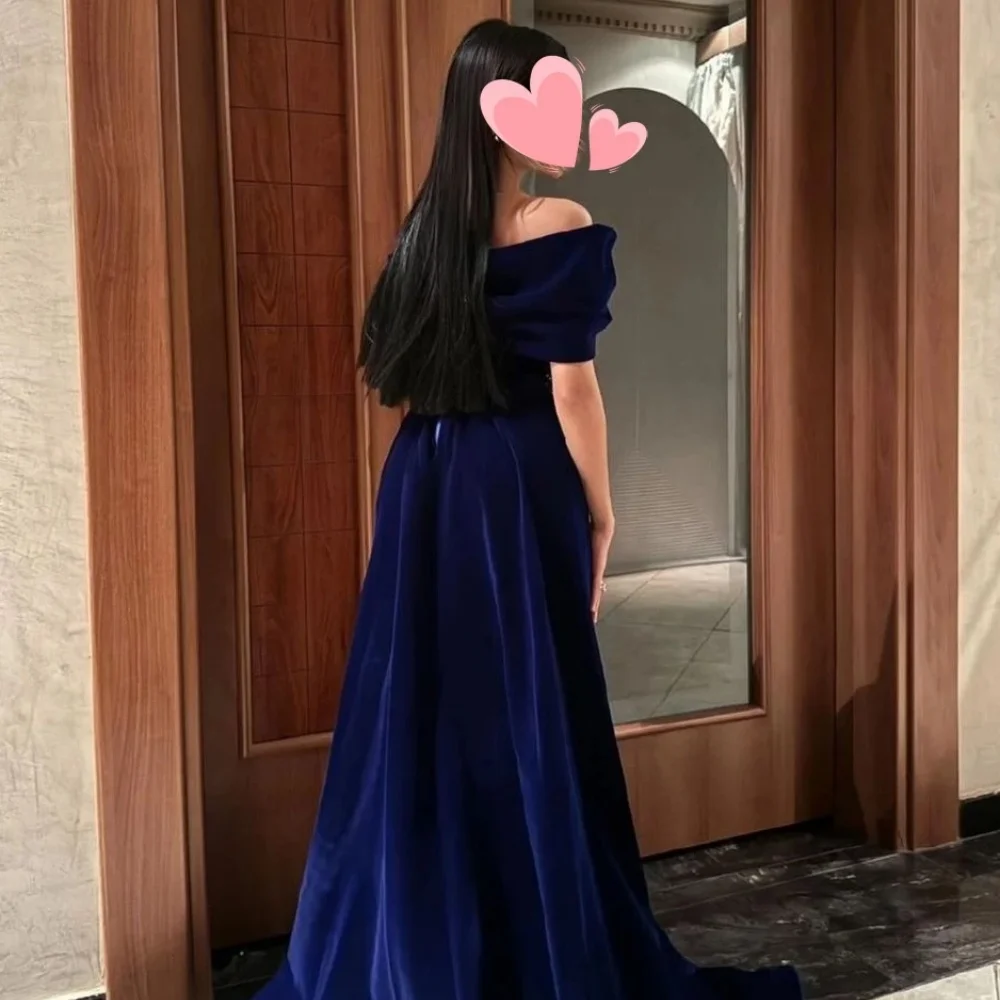 Navy Blue Evening Dress Customized Shawl Beaded Robes De Soirée Off The Shoulder Evening Gowns Floor-Length Formal Party Dress