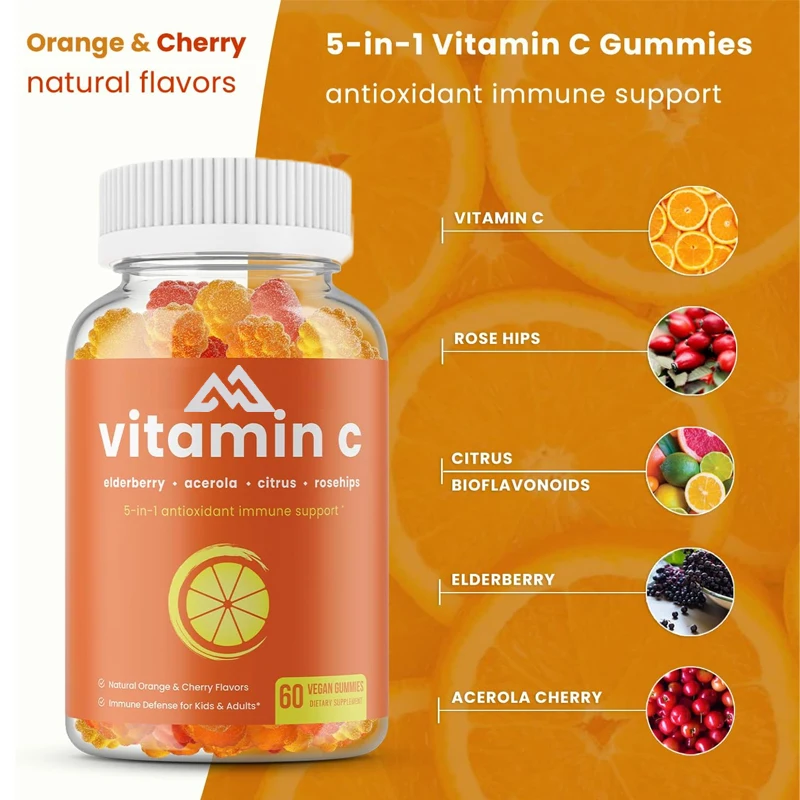 Adult and children's vitamin C gummies support the immune system with elderberry,rosehip,citrus flavonoids,and coniferous cherry