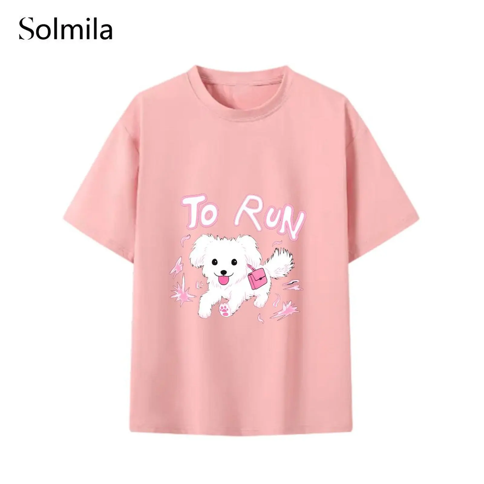 

Cute Dog Pattern Korean Casual T Shirt Casual Outing Female Round Neck Short Short Sleeve Spring, Summer, Autumn