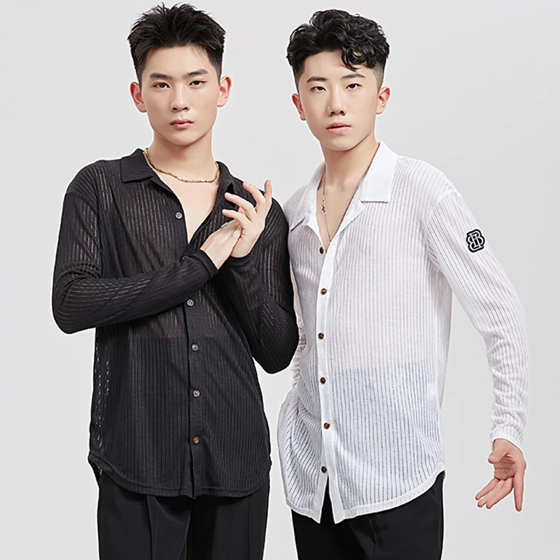 

Adult Male Latin Dance Clothes Long Sleeves Shirt Stripe Mesh Performance Dance Tops Men Latin Cha Cha Practice Clothing BL13681