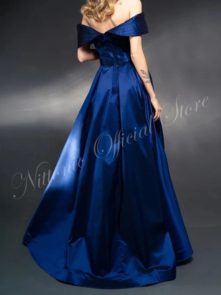 New Prom Dresses for Woman Simple Satin Off Shoulder Floor-Length A-Line Draped Formal Occasion Party Evening Elegant 2023