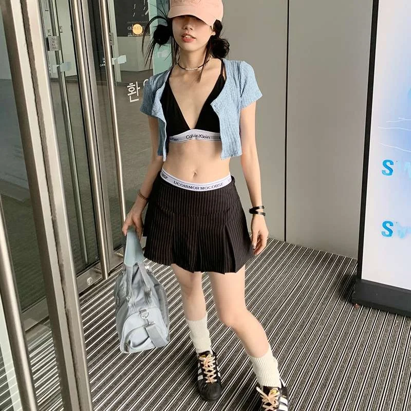 Jupe plissée décontractée en soie Orange pour femmes, à rayures américaines, en Fiber de Polyester bicolore, jupes de printemps pour dames