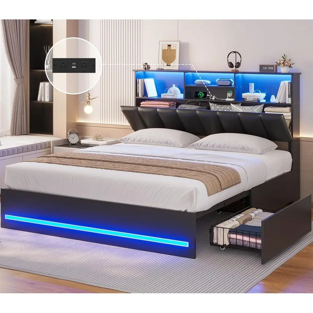AOGLLATI ull Bed e with Stylish Bookcase board & Charging Station & LED Lights,ull Size Bed e with 4 Storage Ders and Metal Slat
