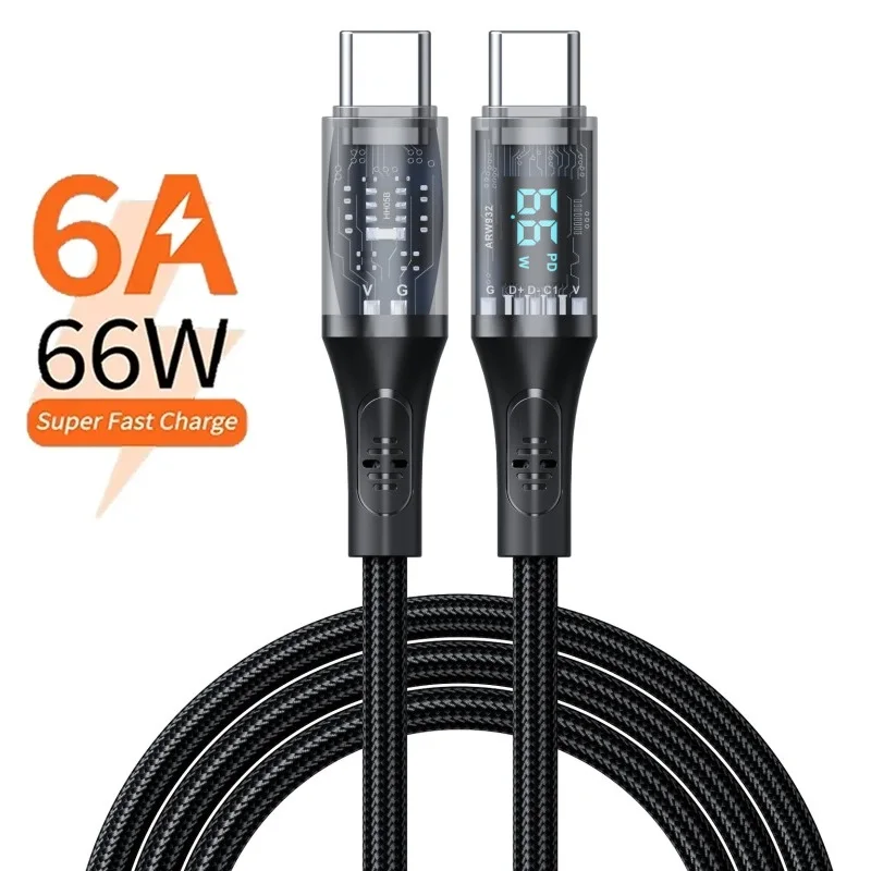 

6A USB C Cable PD 66W Digital Display Super Fast Charging 1.2M Type C Data Cord For Samsung Xiaomi Huawei USB Type C to C Cable