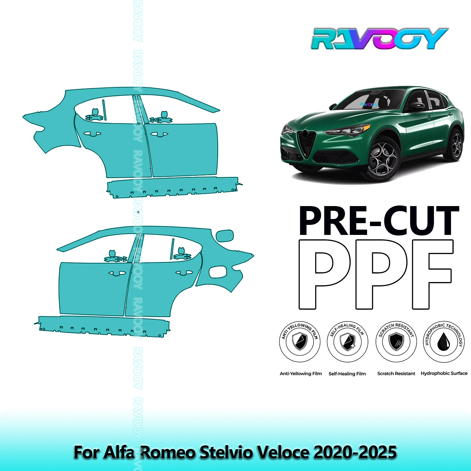 

For Alfa Romeo Stelvio Veloce 2020-2025 8.5mil Clear Matte Pre-Cut PPF Door & A/B Pillar Kit TPU Paint Protection Film Set