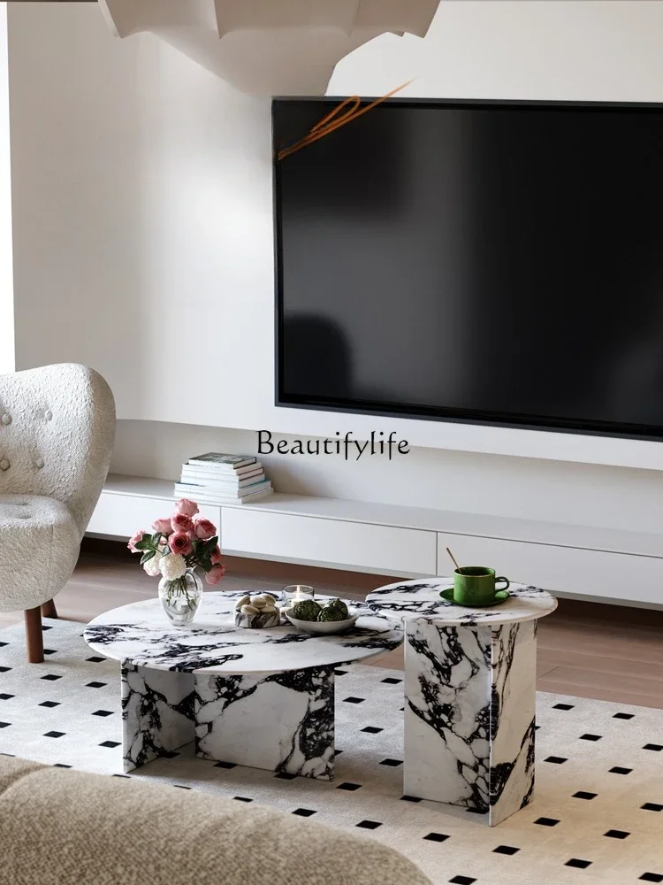 

25LDFrench modern simple household living room marble round cream wind coffee table combination