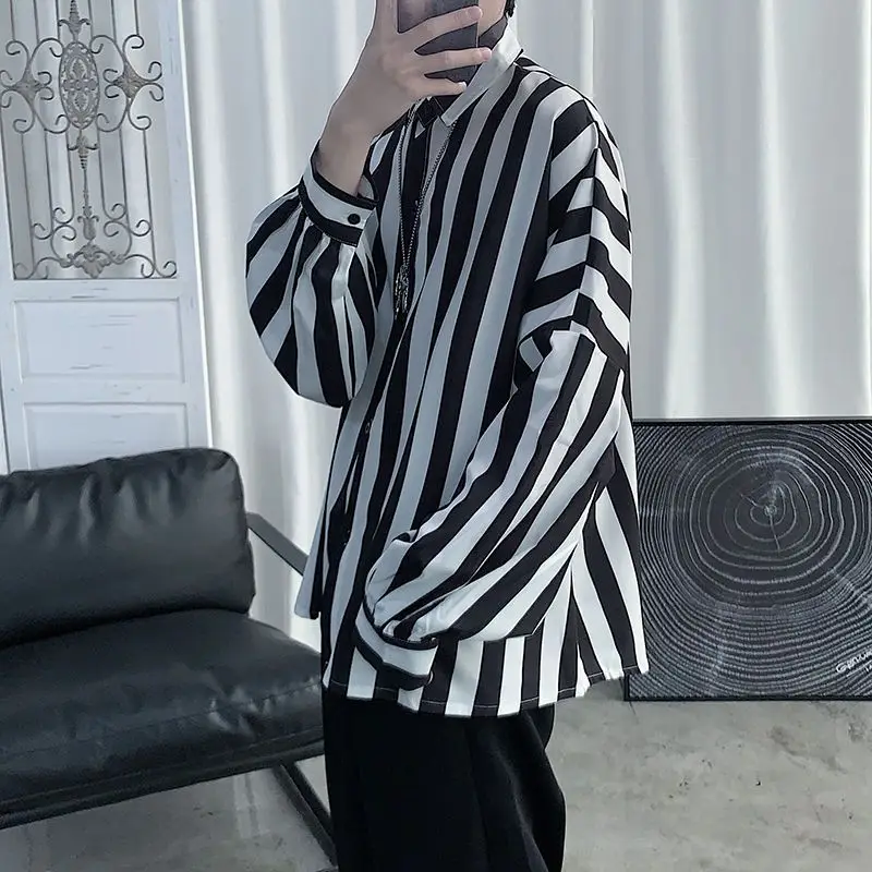 2023 New Spring and Autumn Fashion High Grade Feeling Raspy and Handsome Stripe Long Sleeve Trendy Loose Casual Men's Shirt