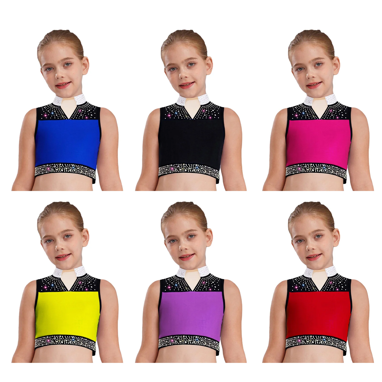 Strój do tańca lirycznego i współczesnego dla dziewcząt, bez rękawów, kamizelka gimnastyczna, do łyżwiarstwa figurowego, brokatowy, z dżetami, krótki top, odzież taneczna