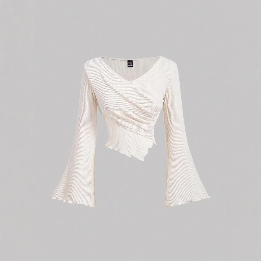 

Women's Solid Color Ribbed Wrap Top Long Bell Sleeve Asymmetrical Cropped Blouse Elegant Casual Knit Shirt For Daily & Dating