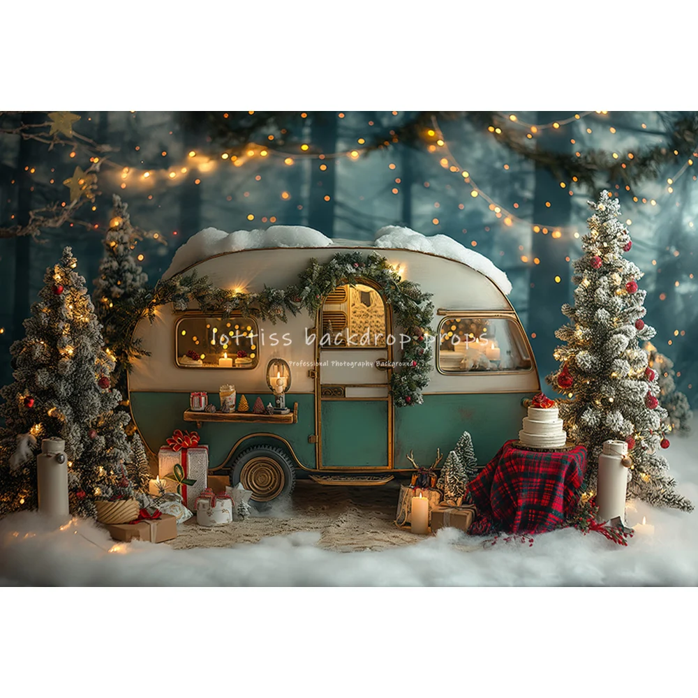 Winter Snowy Bus Backdrops Kids Child Photography Snowflake Jungle Forest Christmas Trees Backgrounds