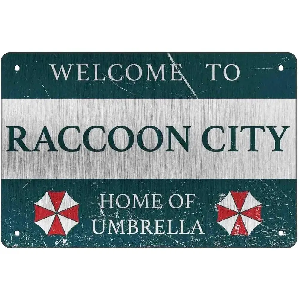 Letrero de bienvenida vintage de Raccoon City, placa decorativa de metal inspirada en Umbrella Corp para la pared del hogar o la puerta.