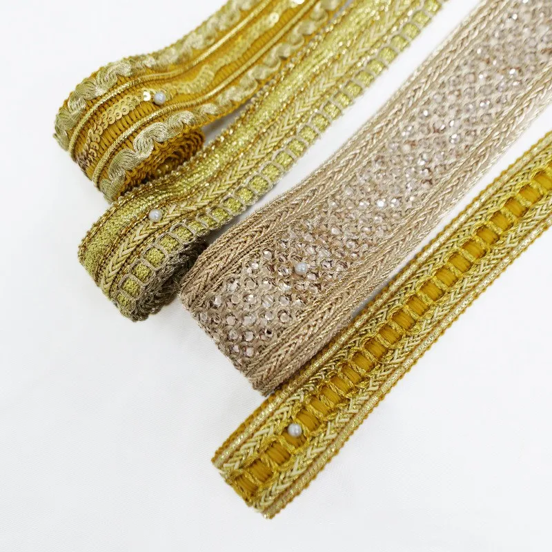 Gold Thread Lace Trim Ribbon Webbing, Ethnic Style Clothing Embroidery, Sequin Fabric, Jacquard Accessories, 1 Yards