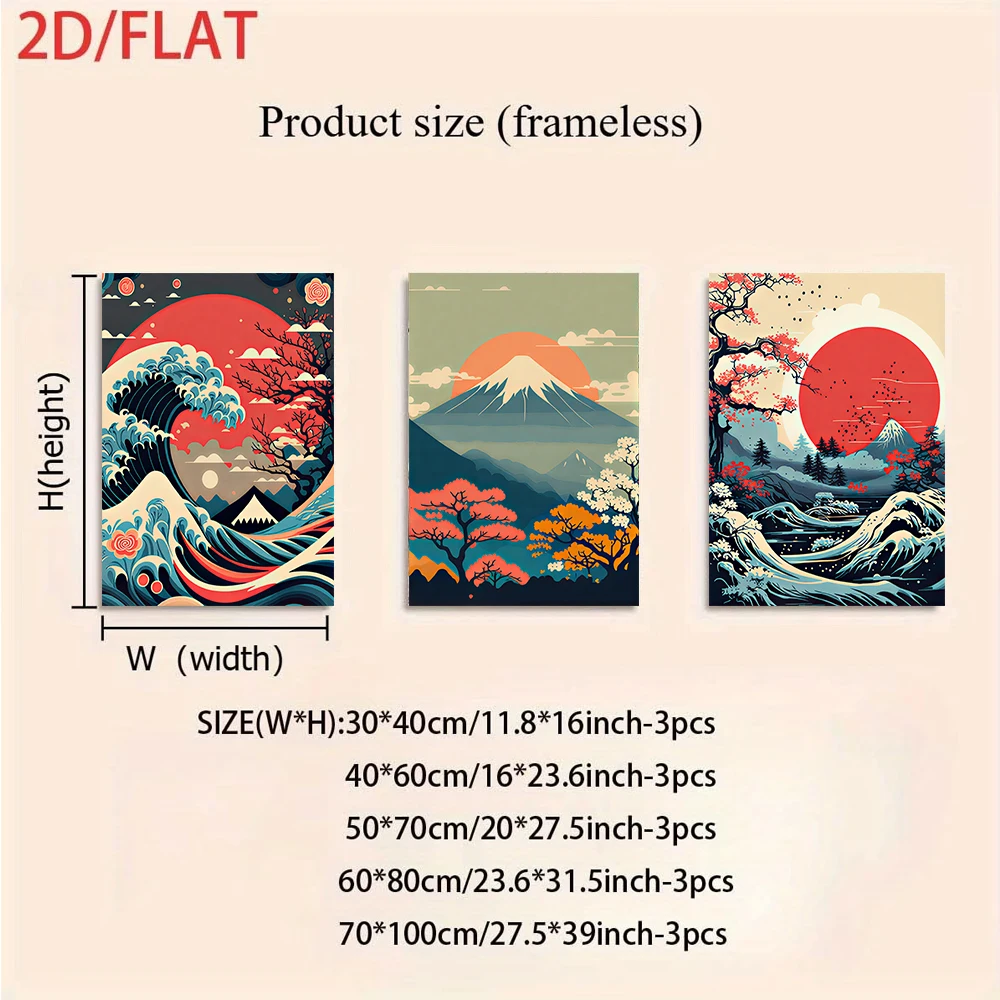 3PCS Large-sized frameless canvas paintings,1 Set triptych frameless Wall Art, Modern Min Japanese Ukiyo-e for Living Room Dinin
