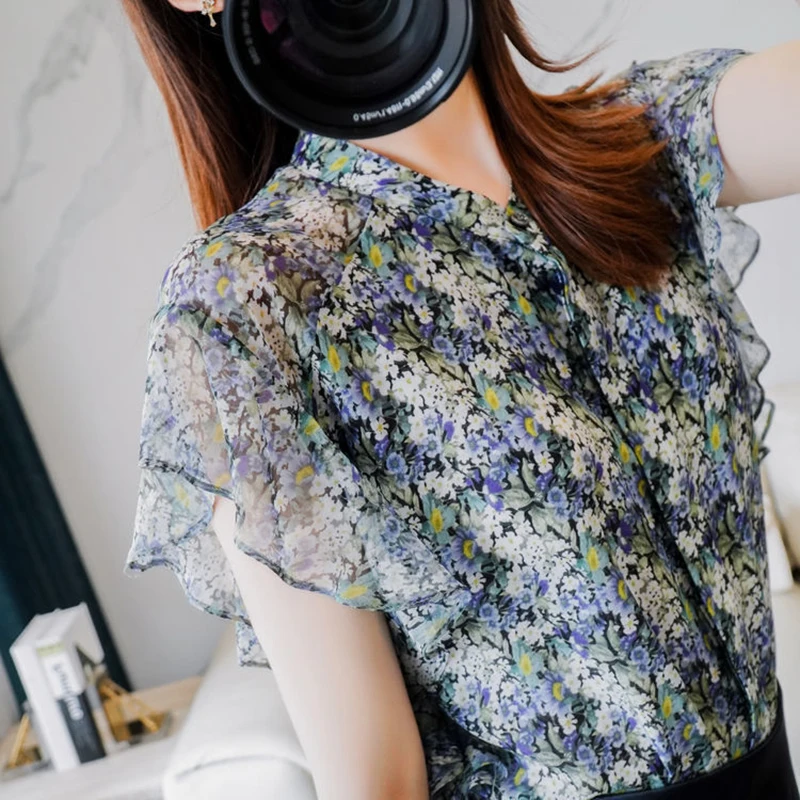 Elegant Printed Butterfly Sleeve Floral Chiffon Shirts Women\'s Clothing 2024 Summer Loose All-match Tops Office Lady Blouses