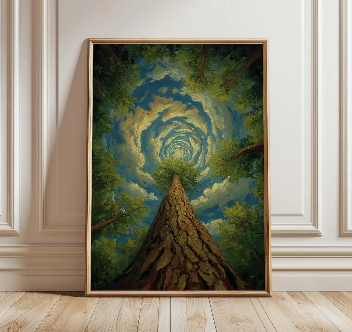 Impresión Decorativa Surrealista de Túnel de Árboles en el Cielo - Pintura al Óleo de Ensueño de un Tronco de Árbol Gigante que Conduce a un Cielo en Espiral, Ble