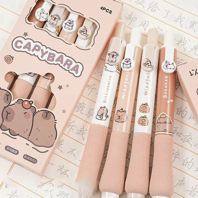 4 Pcs Kawaii Paper Kangaroo Push Action Neutral Pen Quick Dry Black Brush Pen School Office Supplies Student Stationery Gifts