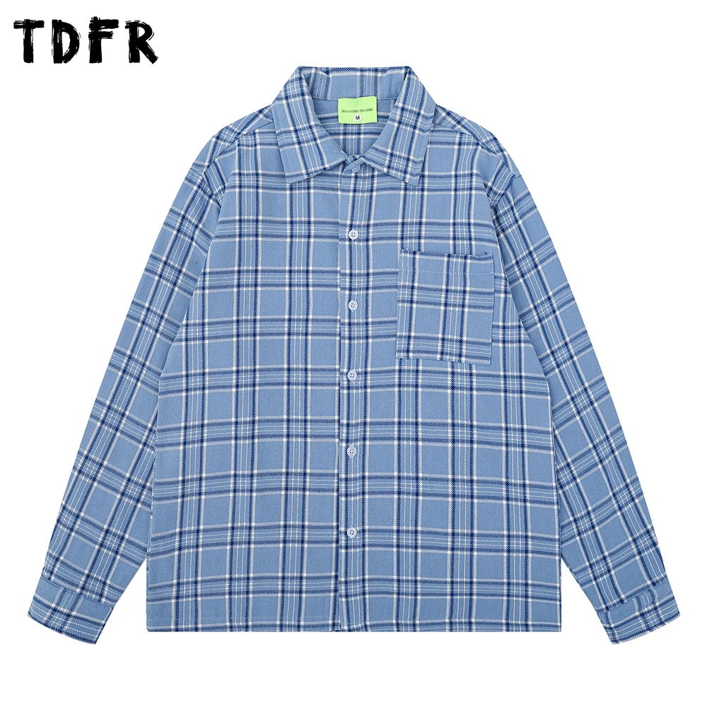 Pocket Plaid Long Sleeve Shirts Mens Autumn Casual Single Breasted Lapel Loose Long Sleeve Cotton Checked Shirt Man