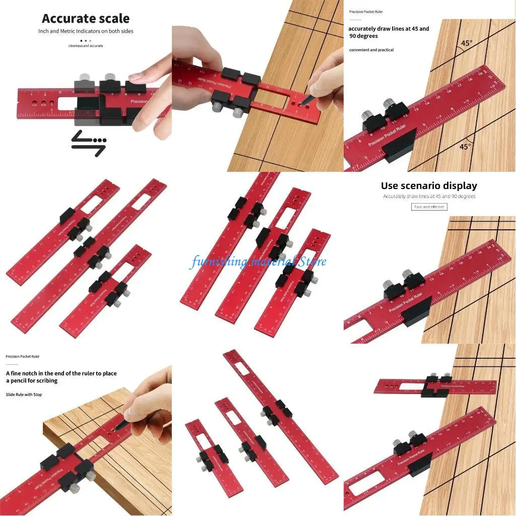 

Y5GD Pocket Rule Aluminium Set 12/8/6 Inch Woodworking Ruler with Slide Stop 3pcs